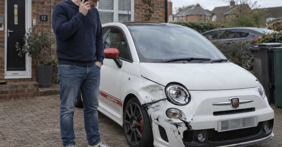 Man on his driveway speaking on the phone beside a damaged white Abarth 500