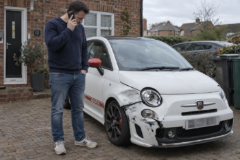 Man on his driveway speaking on the phone beside a damaged white Abarth 500