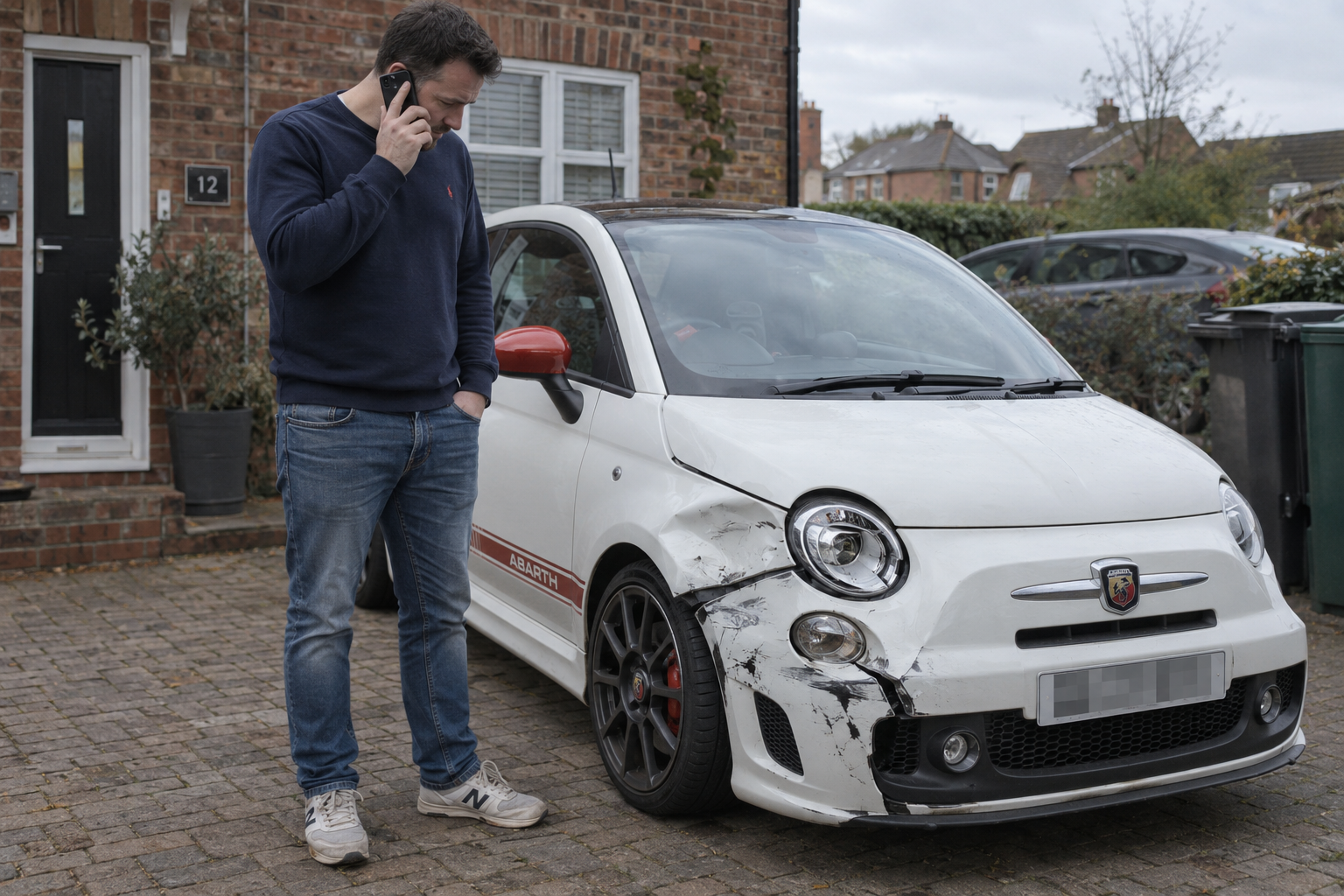 Man on his driveway speaking on the phone beside a damaged white Abarth 500