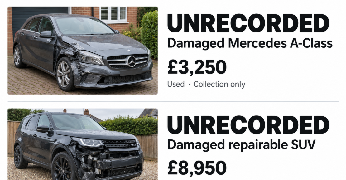Illustrative marketplace search results advertising damaged cars with UNRECORDED prominently in their titles