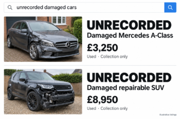 Illustrative marketplace search results advertising damaged cars with UNRECORDED prominently in their titles